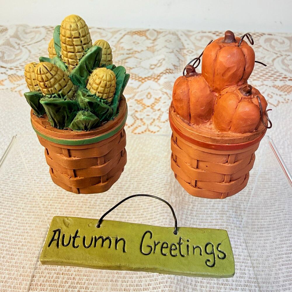 SUZI Blossom Bucket Ceramic Corn and Pumpkin Basket Figurines Set of 3